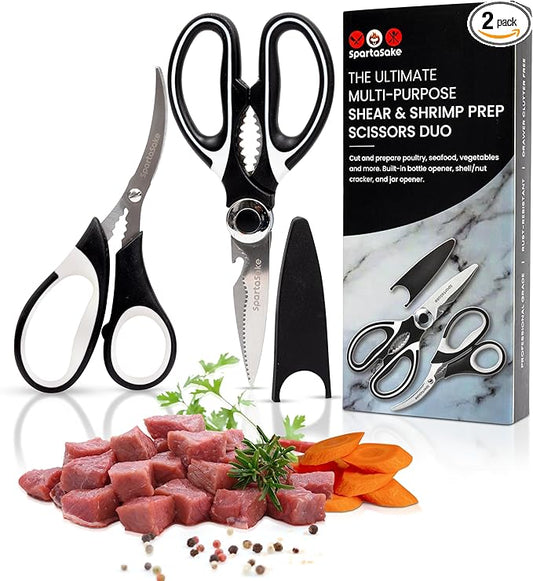 SpartaSake 2-Pack Premium Stainless Steel All Purpose Kitchen Shears with Sleeve - Heavy Duty Ultra Sharp kitchen Scissors for Food-Multipurpose Food Scissors for Meat Poultry Vegetable (Black-White)
