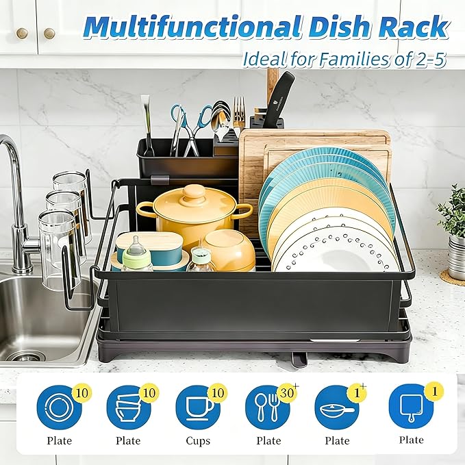 Simple Trending Dish Drying Rack, Space-Saving Large Dish Rack for Kitchen Counter, Anti-Rust Dish Drainer with Cutlery & Cup Holders, Black - Image 4