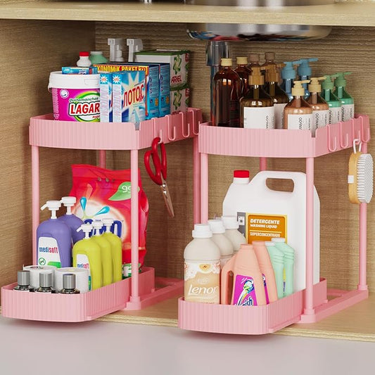 Ukeetap 2 Pack Multi-Purpose Pull-Out Storage Organizers, Under Sink & Cabinet Organizers, 12.8 Inch Pink by ukeetap