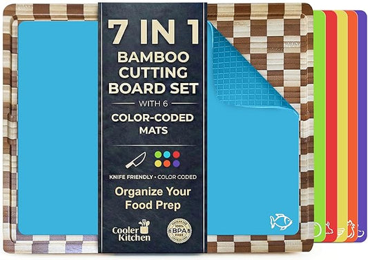 Cooler Kitchen Cutting Boards for Kitchen – Checkered Bamboo Cutting Board Set with 6 Color-Coded Flexible Chopping Mats, Easy Clean Wood and Dishwasher-Safe Plastic, Large 17×12, Knife-Friendly by CoolerKitchen