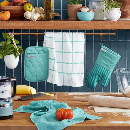 KITCHENAID Quilted Cotton Terry Cloth Oven Mitt, Pot Holder, Kitchen Towel 4-Pack Set, Heat Resistant, Silicone Grip, 16"x26", 7"x13" & 7"x10", Aqua Sky - Image 2