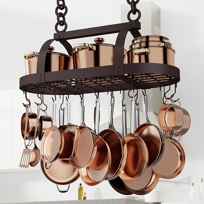 KES 34 Inch Oiled Bronze Hanging Pot Rack, Heavy Duty Oval Pot and Pan Hanging Rack Ceiling Mount, Pot Pan Hangers for Kitchen with 20 Hooks, (For 16" and 24" Joist Mount), KUR221S85-OB by KES