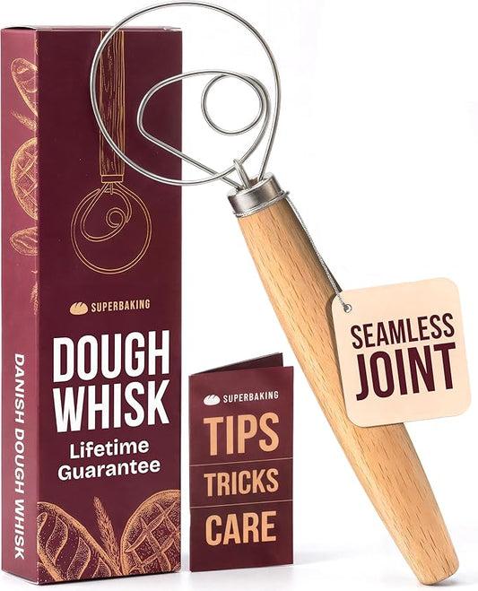 Superbaking Danish Dough Whisk - 12" Bread Whisk for Dough Mixing - Single Eye Design Sourdough Whisk - Sourdough Bread Baking Supplies - Bread Making Tools and Accessories - Ergonomic Wooden Handle