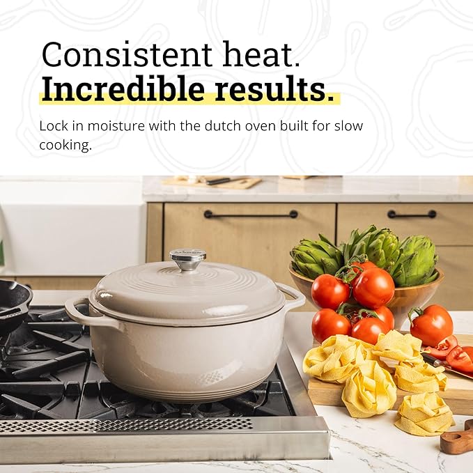 Lodge Essential Enamel Cast Iron Dutch Oven - Perfect for Bread Baking, Braising, Marinating & Slow Cooking - Features Moisture-Sealing Lid & Dual Handles - Kitchen Essentials - 6 Quarts - Sandalwood - Image 3
