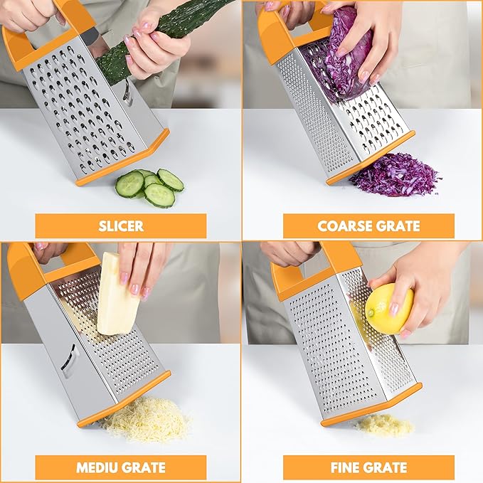 Urbanstrive Cheese Grater With Container, Professional Cheese Grater with Handle, Stainless Steel Graters for Kitchen Handheld, Box Grater with 4 Sides for Vegetables, Ginger, Potatoes (Orange) - Image 3