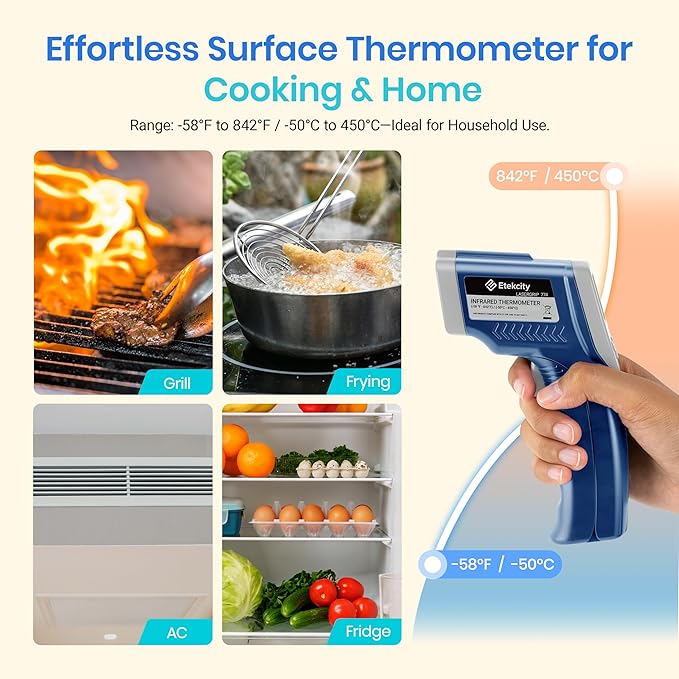 Etekcity Infrared Thermometer Upgrade 774, Heat Temperature Temp Gun for Cooking, Laser IR Surface Tool for Pizza, Griddle, Grill, HVAC, Engine, Accessories, -58°F to 842°F, Blue - Image 2