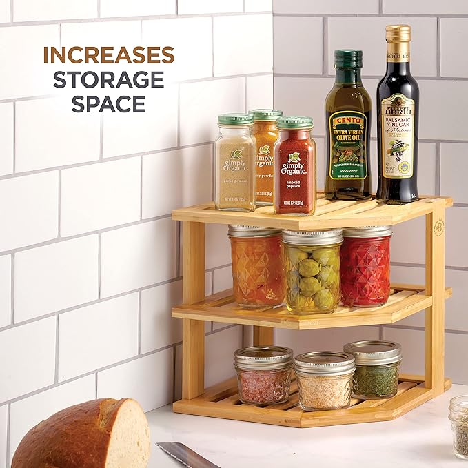 2-Pack Plate Organizer for Cabinet - Bamboo Corner Shelf for Kitchen or Bathroom Storage, Space-Saving Rack for Dishes, Countertop, Cabinet, Pantry - Organization & Housewarming Gift - Image 5