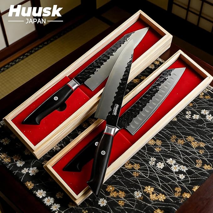 Huusk Santoku Japanese Chef Knife - Hand Forged Chef's Knives with VG10 Steel Core, Ultra Sharp 8 inch Kitchen Knife with Ergonomic Ebony Handle, Premium Wooden Gift Box for Men Women - Image 8