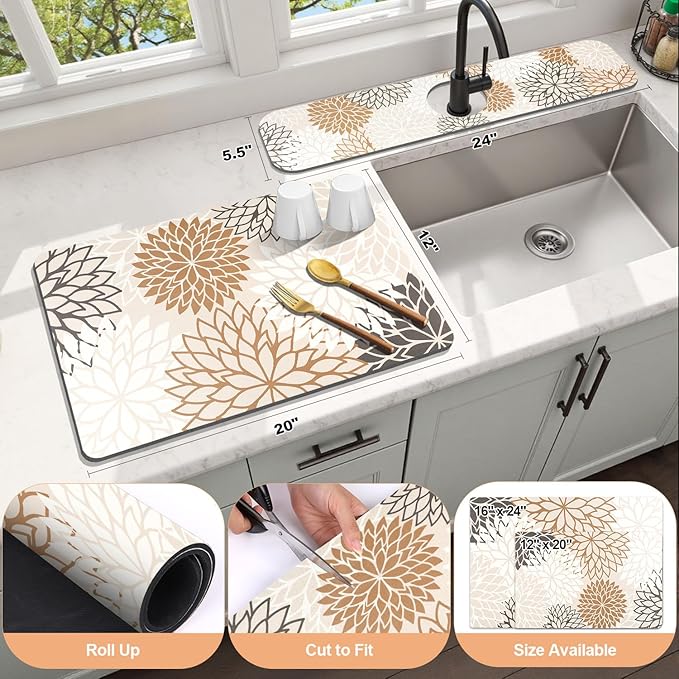 Findosom 2PCS 12" x 20" Dish Drying Mat & 24" x 5.5" Sink Splash Guard, Super Absorbent & Cuttable Dish Mat Drying Kitchen Mat with Brown Floral, Hide Stain Drying Mat for Kitchen Counter - Image 2