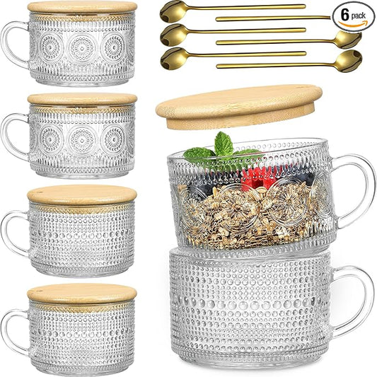 LANDNEOO 6 Pack 14oz Vintage Glass Coffee Mugs with Bamboo Lids and Spoons, Green Embossed Drinking Glasses for Iced Coffee, Tea, Latte by MakeLifeBetterEasier