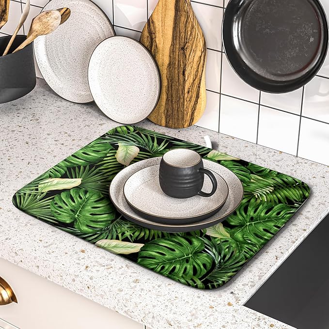 Giwawa Tropical Palm Leaf Dish Drying Mat for Kitchen Countertop, 16"x18" Summer Green Monstera Dish Drainer Mats, Hawaiian Banana Leaves Fast Dry Microfiber Large Dish Drying Pad Decoration