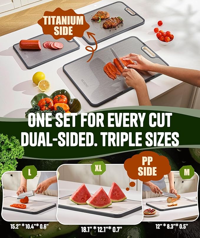 Titanium Cutting Board Set of 3, Dual Sided Design Non Toxic Cutting Boards for kitchen Beyond Food-Grade Chopping Board for Hygienic Food Prep, Extra Large (M/L/XL), Knife-Friendly, with Juice Groove - Image 2