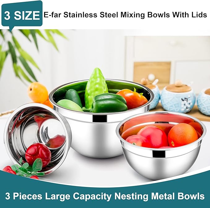 E-far Mixing Bowls with Lids, 6-Piece Stainless Steel Salad Bowls Metal Nesting Bowls for Baking Cooking and Prepping, Airtight Lids & Stackable Design, Size 4.5, 3, 1.5 QT (Blue) - Image 3