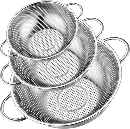 Leonyo Stainless Steel Colander for Kitchen, Micro-Perforated Metal Strainer with Handles for Draining Pasta, Strainers and Colanders Set of 3(1-3-5Quart) for Rinsing, Steaming, Dishwasher Safe by Leonyo