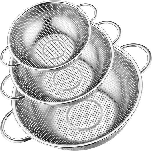 Leonyo Stainless Steel Colander for Kitchen, Micro-Perforated Metal Strainer with Handles for Draining Pasta, Strainers and Colanders Set of 3(1-3-5Quart) for Rinsing, Steaming, Dishwasher Safe by Leonyo