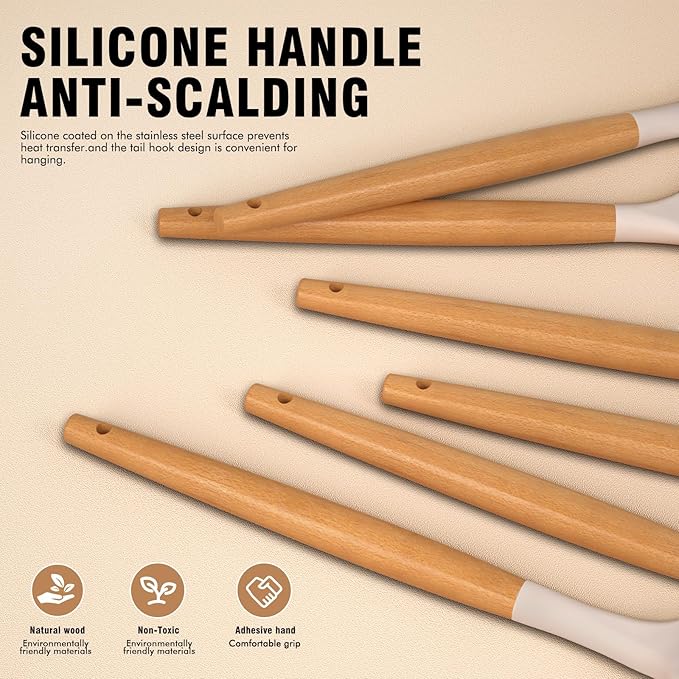 Silicone Cooking Utensils Set - AVGPD Silicone Kitchen Utensils for Cooking Wooden Handles, 446°F Heat Resistant Kitchen Utensil Spatula Sets w Holder, Gadgets for Non-Stick Cookware BPA FREE (Khaki) - Image 7