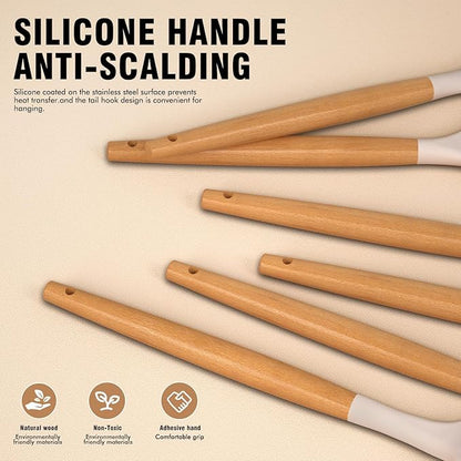 Silicone Cooking Utensils Set - AVGPD Silicone Kitchen Utensils for Cooking Wooden Handles, 446°F Heat Resistant Kitchen Utensil Spatula Sets w Holder, Gadgets for Non-Stick Cookware BPA FREE (Khaki) - Image 7