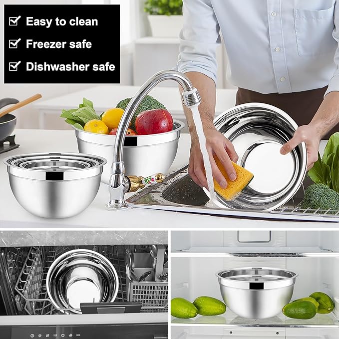 E-far Mixing Bowls with Lids, 12-Piece Stainless Steel Salad Bowls Metal Nesting Bowls for Baking Cooking and Prepping, Airtight Lids & Stackable Design, Size 7, 4.5, 3, 1.5, 1.2, 0.7 QT (Black) - Image 5