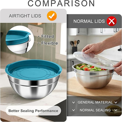 HaWare Mixing Bowls with Airtight Lids, 6-Piece Stainless Steel Salad Bowls, Strong Nesting Bowls for Cooking, Prepping, Baking, Serving & Food Storage, Stackable Design, Size 4.6, 3, 1.5QT, Teal Blue - Image 5