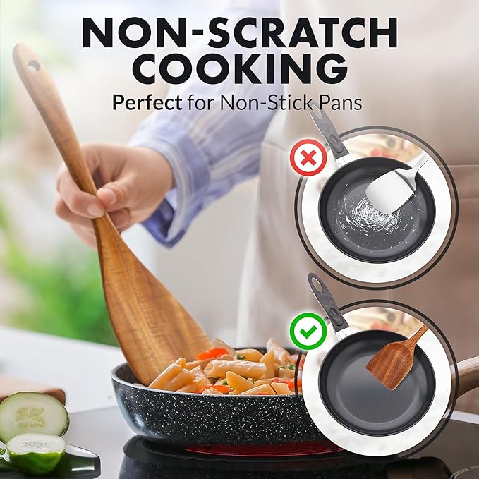 Zulay Kitchen Extra-Large 5-Piece Wooden Spoon Set - Smooth Teak Cooking Utensils - Comfort-Grip Non-Stick Turner, Spatula, Skimmer, Fork, Serving Spoon - Image 5