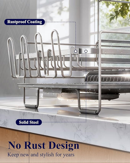Kitsure Large Dish Drying Rack - Extendable Dish Rack, Multifunctional Dish Rack for Kitchen Counter, Anti-Rust Dish Drainers with Cutlery & Cup Holders 19.2"-26.7" L x 12.9" W x 13.6", Grey - Image 4