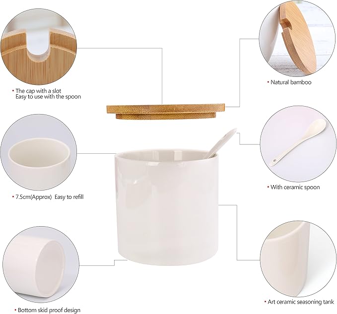 June Sky Ceramic Food Storage Containers with Bamboo Lid- Modern Design Porcelain Jar- Perfect Canister for Sugar Bowl Serving Tea, Coffee, Spice- Condiment Pot 8 oz, white