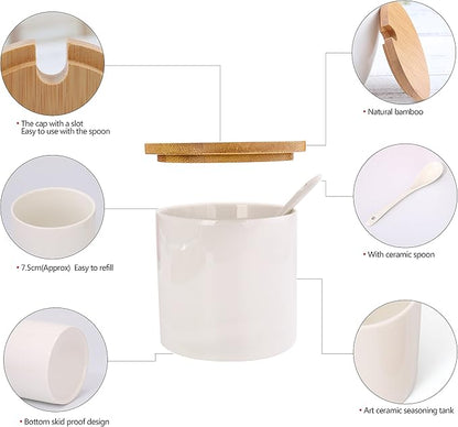 June Sky Ceramic Food Storage Containers with Bamboo Lid- Modern Design Porcelain Jar- Perfect Canister for Sugar Bowl Serving Tea, Coffee, Spice- Condiment Pot 8 oz, white
