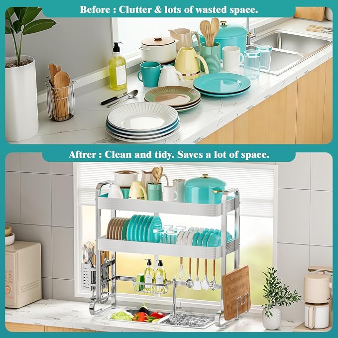 HOWDIA 3-Tier Over The Sink Dish Drying Rack, 304 Stainless Steel Dish Rack with Honeycomb Design, Cutlery Holder & Chopping Board Rack, 33.86” x 11.81” x 33.07” for Maximum Kitchen Storage - Image 7