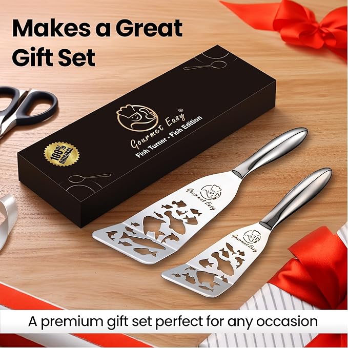 Stainless Steel Fish Spatula Set – Funky Fish Edition, 1 Large Fish Turner + 1 Small Metal Spatula, Ultra-Thin Edge for Easy Turning & Flipping, Ergonomic Non-Slip Handle, Dishwasher Safe - Image 8