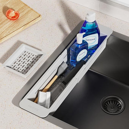 NiHome Extendable Over Sink Kitchen Organizer, Small Telescopic Brush Storage Rack for Sponge, Non-Slip Pads Expandable Sink Caddy, Adjustable Sponge/Brush Rack with Drainage Durable ABS (Gray) - Image 9