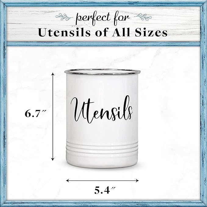 Home Acre Designs Vintage Farmhouse Utensil Holder - Stylish Countertop Organizer and Kitchen Decor Caddy - Stainless Steel Rim - White - Image 3
