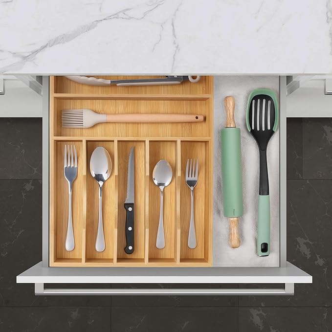 Kitchen Bamboo Silverware Organizer, Kitchen Drawer Organizer - Utensil Holder and Cutlery Tray with Grooved Drawer Dividers for Flatware 7 Slot, Natural - Image 8