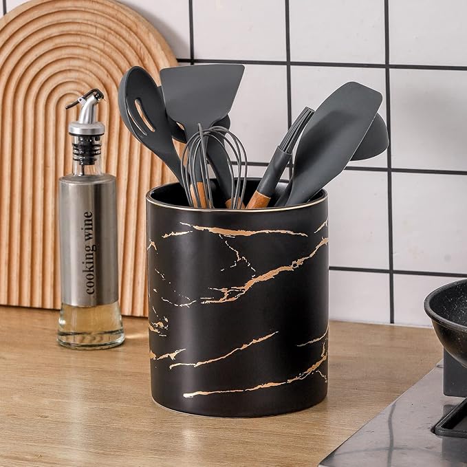 7.2 inch Large Utensil Holder for Kitchen Counter, Golden Marble Utensil Crock Spatula Holder for Countertop Cooking Tools Storage Caddy Farmhouse Kitchen Decor (Marble-Black) - Image 2