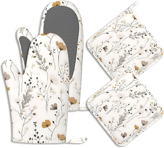 Vintage Wild Flowers Oven Mitts and Pot Holders Herb Floral Silicone Kitchen Accessories Set of 4 Heat Resistant Non-Slip Long Gloves Potholder for Chef Cooking Baking Gifts Women Men