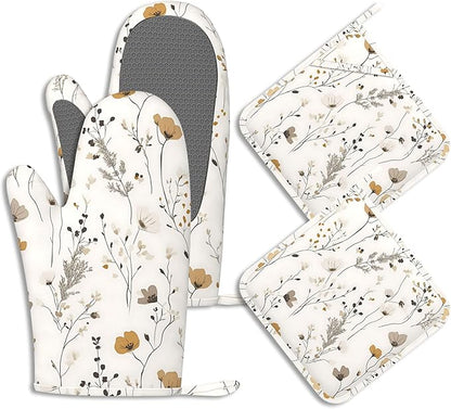 Vintage Wild Flowers Oven Mitts and Pot Holders Herb Floral Silicone Kitchen Accessories Set of 4 Heat Resistant Non-Slip Long Gloves Potholder for Chef Cooking Baking Gifts Women Men