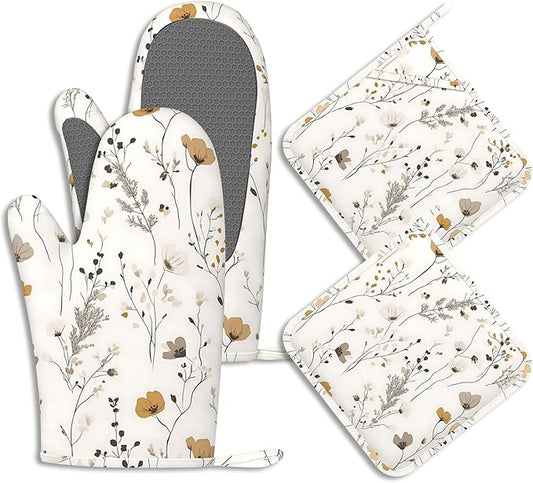 Vintage Wild Flowers Oven Mitts and Pot Holders Herb Floral Silicone Kitchen Accessories Set of 4 Heat Resistant Non-Slip Long Gloves Potholder for Chef Cooking Baking Gifts Women Men