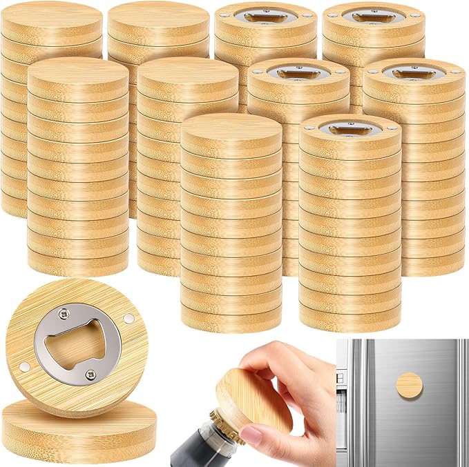 Vesici 100 Pcs Magnetic Bottle Opener 2.5in DIY Bamboo Round Shape Beer Openers Wooden Fridge Magnet Refrigerator Sticker Gift for Beer Lover Wedding Guest Kitchens Bars Parties by Vesici