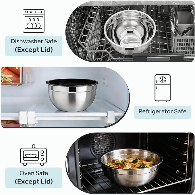 E-far Mixing Bowls With Lids Sets of 5, 10-Piece Stainless Steel Salad Metal Nesting Bowl for Baking Cooking and Prepping, Airtight Lid & Stackable Design, Size 4.6, 3, 2.1, 1.5, 0.7 QT, Black - Image 7