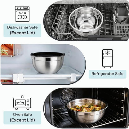 E-far Mixing Bowls With Lids Sets of 5, 10-Piece Stainless Steel Salad Metal Nesting Bowl for Baking Cooking and Prepping, Airtight Lid & Stackable Design, Size 4.6, 3, 2.1, 1.5, 0.7 QT, Black - Image 7