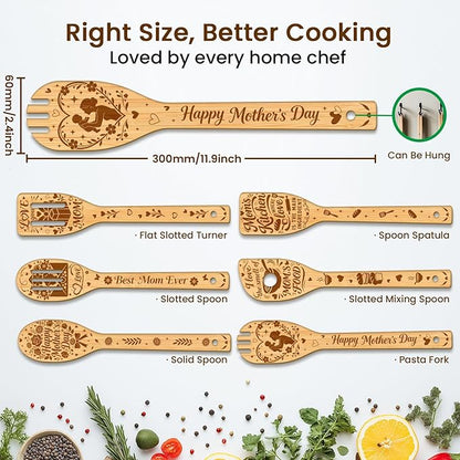 CUTHOLLOW 6PCS Mother's Day Elements Wooden Kitchen Cooking Utensil Set, 11.9in Non Toxic Bamboo Wood Spoon Set for Cooking, Mother's Day Gift for Mom Women