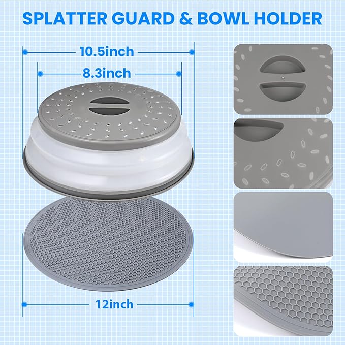 Microwave Cover for Food and Silicone Mat Collapsible Microwave Splatter Cover, Microwave Plate & Dish Cover with Easy Grip Handle, BPA-Free, 10.5” Cover&12.2” Mat, Dishwasher Safe (Grey) - Image 6