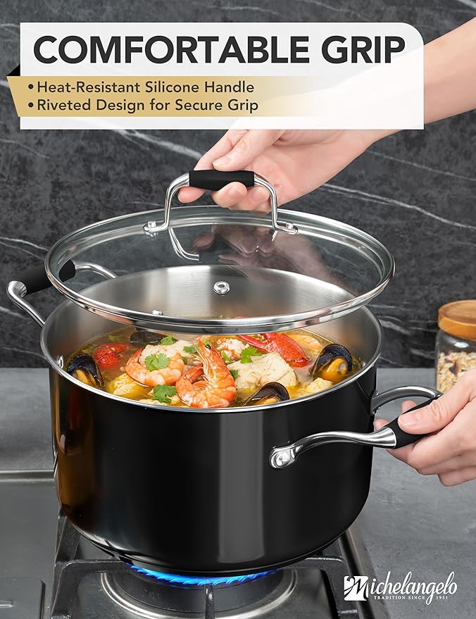 MICHELANGELO Stainless Steel Cooking Pot - 6 Quart Soup Pot with Lid, Non-Toxic Stockpot Induction Compatible, Oven & Dishwasher Safe, Black Exterior - Image 5