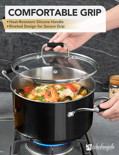 MICHELANGELO Stainless Steel Cooking Pot - 6 Quart Soup Pot with Lid, Non-Toxic Stockpot Induction Compatible, Oven & Dishwasher Safe, Black Exterior - Image 5