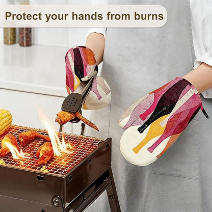 Red Wine Bottle Oven Mitts and Pot Holders Sets,Silicone Kitchen Mitts Potholders Heat Resistant 4Pcs Oven Gloves Hot Pads for Kitchen Baking Cooking