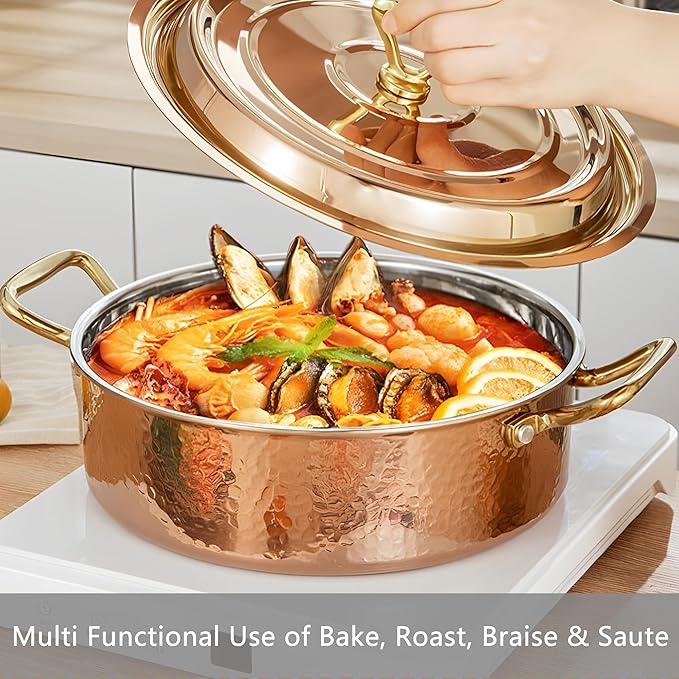 YJX 6.7QT Hammered Stock Pot with Lid, Copper Rose Gold, Tri-Ply Stainless Steel, Multi-Functional Cookware for Bake Roast Braise Saute, Magnetic Base, Dishwasher and Oven Safe (30CM)