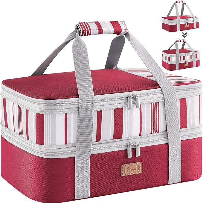 Lifewit Insulated Double Decker Casserole Carrier, Expandable Lasagna Lugger Tote Bag for Hot or Cold Food, Fits 9" x 13" Baking Dish for Potluck Parties, Picnic and Cookouts, Red