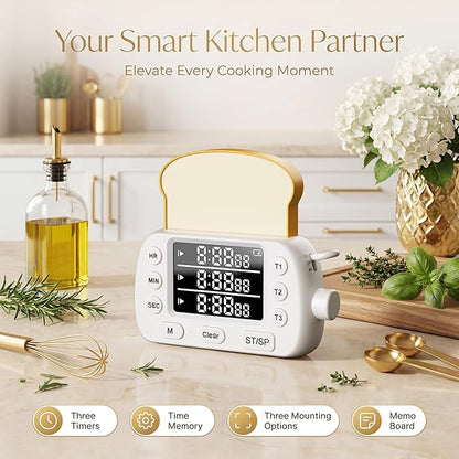 Digital Kitchen Timer for Cooking - 3-Channel Magnetic Countdown Timers with Memory Preset for Baking, Toaster, Eggs Includes Memo Notes (White)