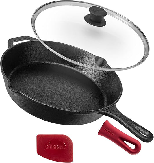 Cuisinel Cast Iron Skillet with Lid - 12"-Inch Frying Pan + Glass Cover + Silicone Handle Holder - PFAS and PFOA-free Pre-Seasoned Oven Safe Cookware - Indoor/Outdoor Use - Grill, BBQ, Fire, Stovetop