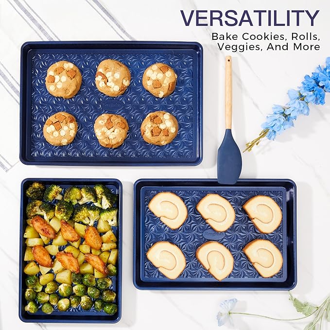 HONGBAKE Nonstick Baking Sheet Pan Set of 3, Cookie Sheets for Oven, Non-Toxic Half/Quarter/Jelly Roll Pans with Floral Swirl Texture, Heavy Duty 0.8mm Thick Oven Trays for Cooking, Blue - Image 4