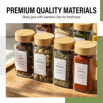 24-Pack Glass Spice Jars with Bamboo Lids, 4 Oz Clear Square Spice Containers with Airtight Seal, Spice Bottles Set with Labels, Shaker Lids and Funnel for Kitchen, Pantry Organization and Storage